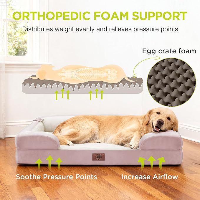 Orthopedic Dog Bed for Extra Large Dogs, XXL Waterproof Egg Crate Memory Foam Pet Bed Bolsters with Removable Washable Cover & Non-Slip Bottom, Tennis Ball Toy, 45x35