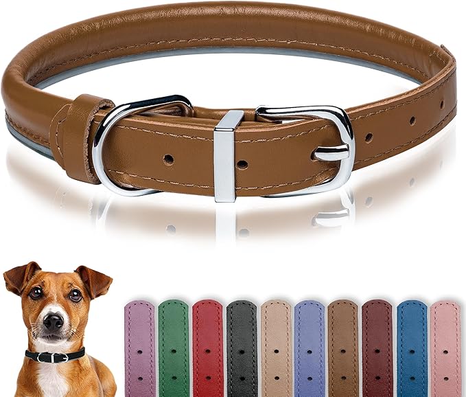 OOPSDOGGY Rolled Leather Dog Collar Reflective Roll Collars for Small Medium Large Dogs Puppy (Caramel, XXS, 7''- 9'')