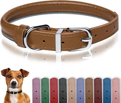 OOPSDOGGY Rolled Leather Dog Collar Reflective Roll Collars for Small Medium Large Dogs Puppy (Caramel, XXL, 20'' -24'')