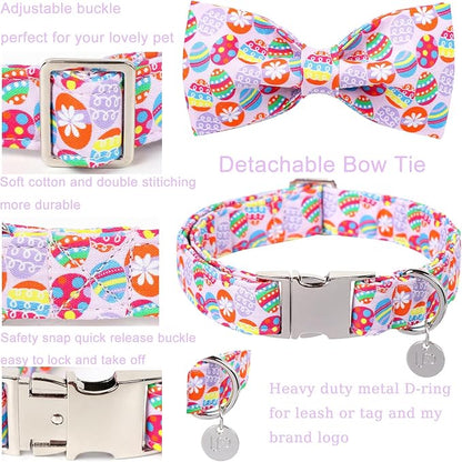 Easter Collar with Bow Tie, Cotton Bowtie Collar for Large Dogs, Colorful Eggs Collar with Metal Buckle, Easter Day Gift, XL, 16-26in Neck