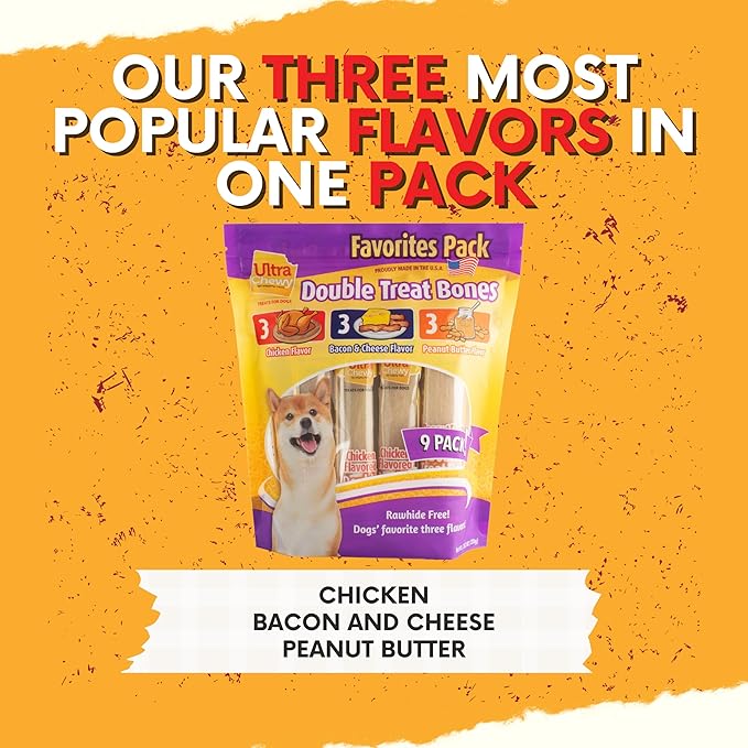 Ultra Chewy Favorites Double Treat Bones, Made in The USA, Healthy Treats, Easy to Digest, Promotes Dental Health (Assorted Flavors, 2 Packs/9 Bones Per Pack)