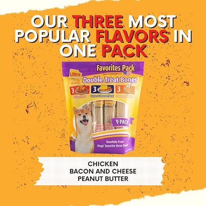 Ultra Chewy Favorites Double Treat Bones, Made in The USA, Healthy Treats, Easy to Digest, Promotes Dental Health (Assorted Flavors, 2 Packs/9 Bones Per Pack)