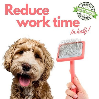 Dog Slicker Brush for Grooming Pet Hair - Best Slicker For Poodle & Golden Doodle - Long Haired Tool For Dogs - Goldendoodle Long Pin Brush For Dematting (Coral, Flat Large)