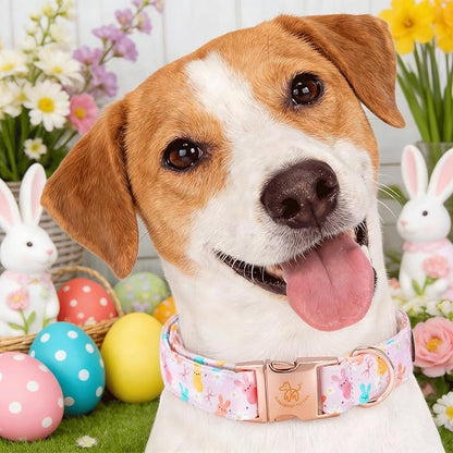 Elegant little tail Easter Dog Collar, Pink Bunny Pattern Floral Spring Pet Collars Gift Holiday Puppy Collars Soft Cotton Adjustable Dog Collar for Small Dogs