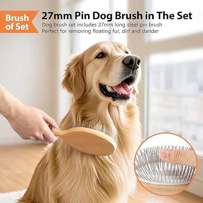 GROOMAGE Dog Brush for Long Haired Dogs, 27mm Extra Long Metal Pin Dog Deshedding Brush and Comb Set, Short Haired Shedding Grooming Detail Pets Brush Set with Rubber Handle