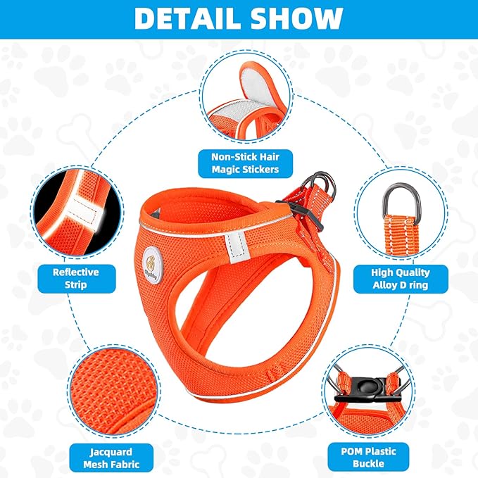 Hipubby Dog Harness and Leash Set, No Pull Soft Mesh Puppy Harness for Small Medium Dogs, Cats - Step in Reflective Breathable Lightweight Vest Harness for Walking, Training - Orange, L
