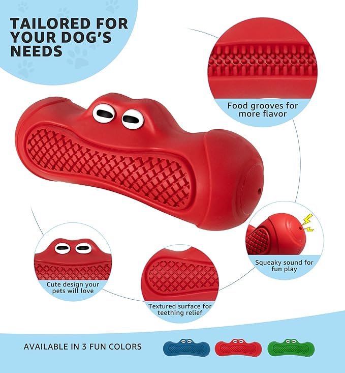 Durable Dog Chew Toy for Aggressive Chewers, Tough Natural Rubber Squeaky Dog Toy with Irresistible Beef Flavor, Dental Care, Teeth Cleaning & Boredom Relief for Medium & Large Dogs (Red)