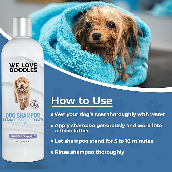 Dog Shampoo, Conditioner & Detangler - Best Shampoo for Goldendoodles, Poodles & Doodles Pet Hair - Hypoallergenic, Tearless, Sensitive Skin for Puppies & All Dog Breeds - Made in USA, 16OZ (Lavender)