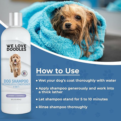 Dog Shampoo, Conditioner & Detangler - Best Shampoo for Goldendoodles, Poodles & Doodles Pet Hair - Hypoallergenic, Tearless, Sensitive Skin for Puppies & All Dog Breeds - Made in USA, 16OZ (Lavender)