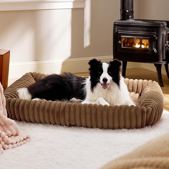 Bedsure ComfyFleece Cute Dog Bed for Extra Large Dogs - Washable Furry Puppy Beds, Rectangle Orthopedic XL Pet Beds with Removable Zipper Cover, 43x30x8inches, Camel Brown