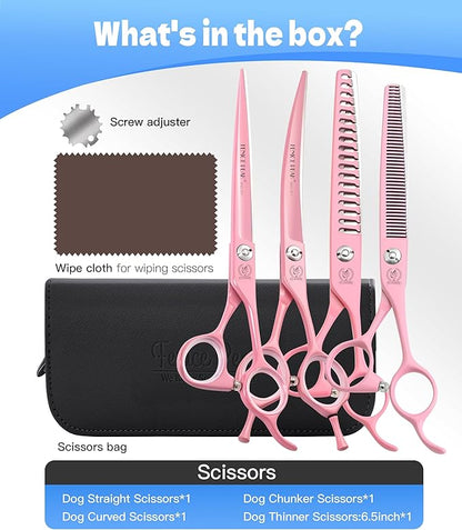 Fenice Peak 7" Professional Dog Grooming Scissors Set, Japanese 440C Stainless Steel Straight Thinning Curved Chunker Shears for Pet Grooming, Trimming Face, Paws, Pink
