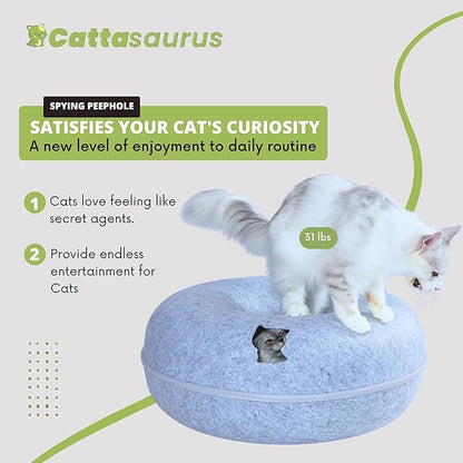 Cattasaurus Peekaboo Cat Cave Donut for Multiple & Large Cats up to 30-45 lbs, 3-in-1 Self Warming Cat Bed, Tunnel & Scratcher for Indoor Cats, Washable & Detachable Small Dog Bed (Light Gray, Jumbo)