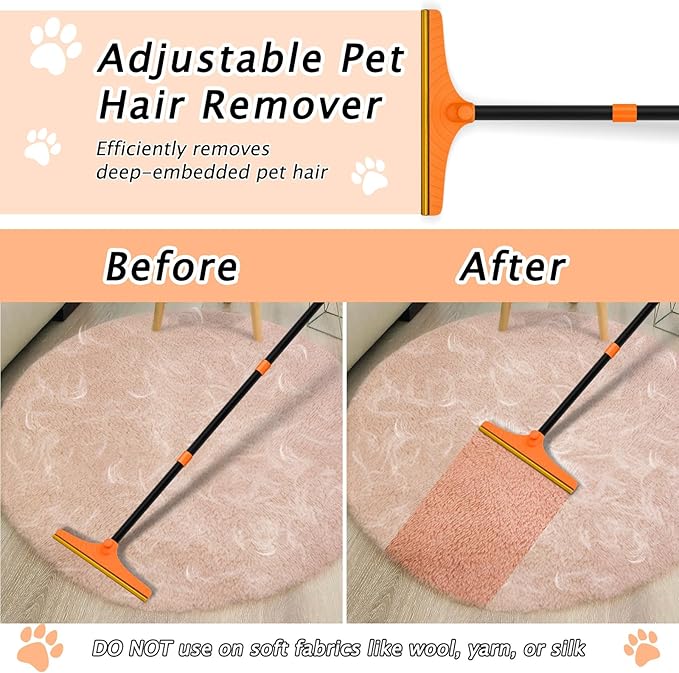 Eaersan Carpet Rake for Pet Hair Removal - Reusable Pet Hair Remover, 60” Adjustable Long Handle Cat Dog Carpet Rake Scraper, Dog Hair Rake Brush for Rugs, Mats, Couch