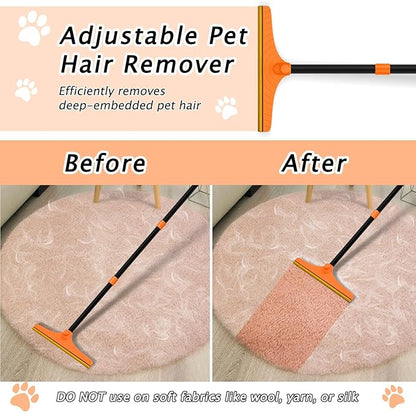 Eaersan Carpet Rake for Pet Hair Removal - Reusable Pet Hair Remover, 60” Adjustable Long Handle Cat Dog Carpet Rake Scraper, Dog Hair Rake Brush for Rugs, Mats, Couch