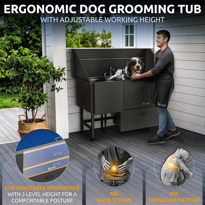 KANIS Professional Dog Washing Station - 304 Stainless Steel Pet Wash Sink & Grooming Bathtub w/Shower, Floor Grates and Storage for Large, Medium & Small Pets (61, Black 1 Drawer - Left RAMP)