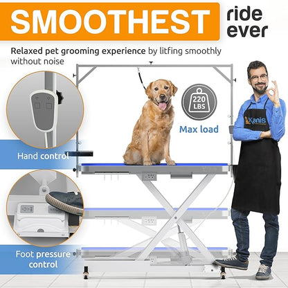 KANIS 61" Professional Stainless Steel Dog Bathing Station, Left RAMP + 49" Professional Electric Dog Grooming Table, White