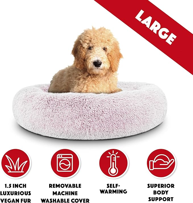 The Dog’s Bed Sound Sleep Original Calming Dog & Cat Bed, Anti-Anxiety Large Rose Pink Fur Donut Nest Snuggler, with Removable Cover, Veterinary Approved