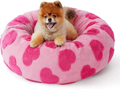 LE SURE Donut Small Dog Bed - Round Cat Beds Indoor Calming Valentine's Day Gift for Pets, Washable Cute Home Decor Beds with Jacquard Shaggy Plush & Anti Slip Bottom, 23 Inch, Lover Hearts