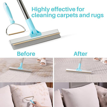 JOYMOOP 2 PCS Pet Hair Removal Tools, 63" Adjustable Long Handle Carpet Rake and Short Handle Carpet Pet Hair Removal, Cat Dog Hair Carpet Rake with Metal and Silicone Scraper for Carpet, Sofa, Cloth