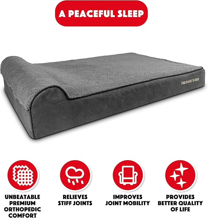 The Dog’s Bed Orthopedic Headrest Dog Bed XXL Grey Plush, Memory Foam, Pain Relief for Arthritis, Hip & Elbow Dysplasia, Post Surgery, Lameness, Waterproof Washable Cover, Veterinary Approved
