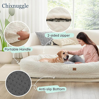 Human Dog Bed for Adult - Luxury Faux Fur Giant Size Dog Bed with Portable Handle, Egg Orthopedic Foam Bed with Blanket, 72"x40"x10", Ivory White