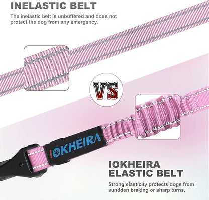 IOKHEIRA Dog Seat Belt 3-in-1 Car Harness for Pets Adjustable Safety Seatbelt Nylon Reflective Bungee Fabric Dog Car Harness with Clip Hook Latch & Buckle, Swivel Zinc Alloy Carabiner (Pink)