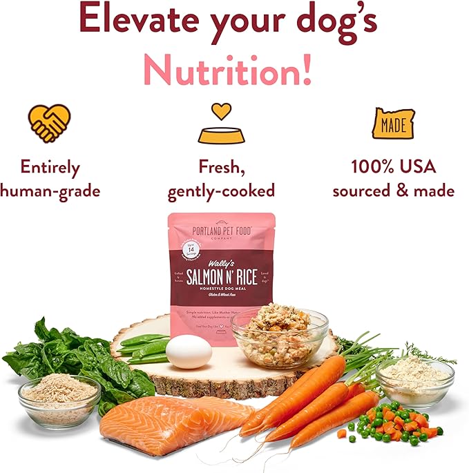 Portland Pet Food Company Fresh Dog Food Pouches Human-Grade Toppers Wet Pet Meal & Mix-Ins - Gluten-Free Limited Ingredient Wally’s Salmon N’ Rice - Large & Small Breed, Puppy to Senior - 8 Pack