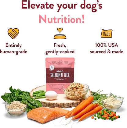 Portland Pet Food Company Fresh Dog Food Pouches Human-Grade Toppers Wet Pet Meal & Mix-Ins - Gluten-Free Limited Ingredient Wally’s Salmon N’ Rice - Large & Small Breed, Puppy to Senior - 8 Pack