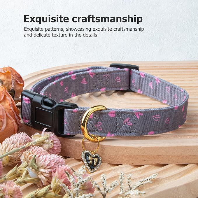 Cotton Handmade Dog Collar Cute and Distinctive Patterns Grey Heart with Pendant for Girl Boy Dogs Collars M