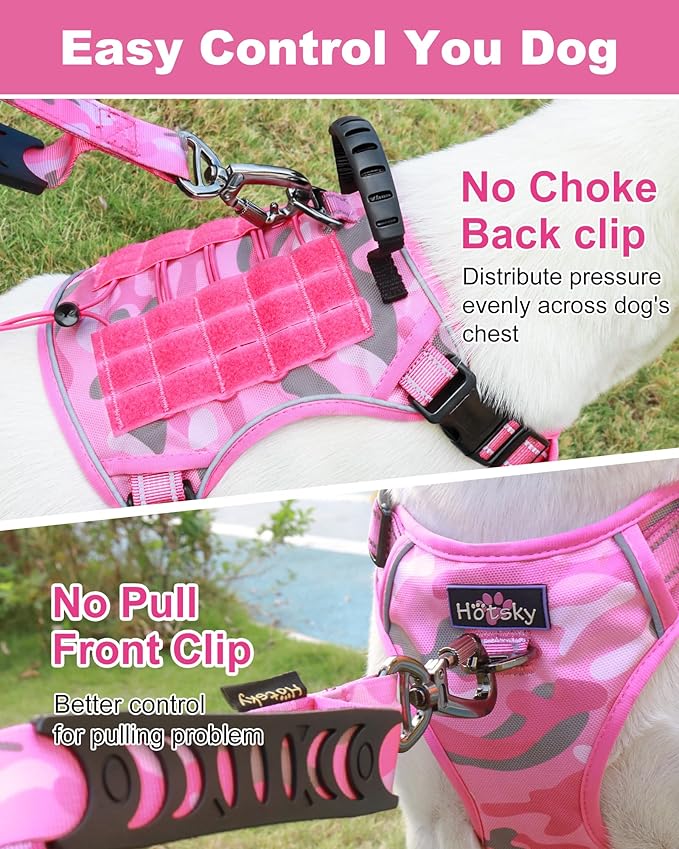 Hotsky Tactical Dog Harness No Pull，Adjustable Service Dog Vest Reflective Military Pet Harness with Control Handle Molle Loop Panels for Training Walking Running(Pink Camo, XL)
