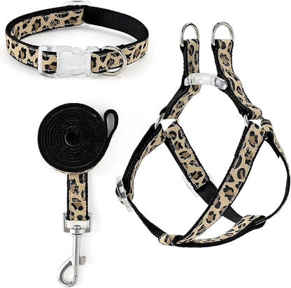 Mile High Life Leopard Dog Harness Collar Leash Set, Adjustable No Pull Dog Halter Harness for Small Breed Dogs, Easy Control for Training Walking (Black, M Chest 15"-21", Neck 13"-17")