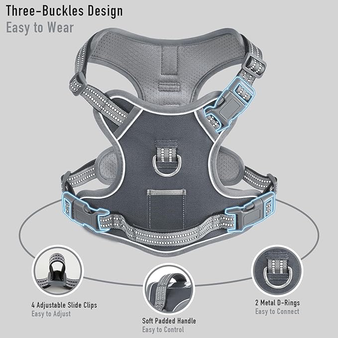 Dog Harness X-Large No Pull Easy Walker Escape Proof with Handle Reflective with 2 Leash Clips and 3 Buckles, No Rub No Choke, Newfoundland Alaska German Shepherd Mastiffs, XL