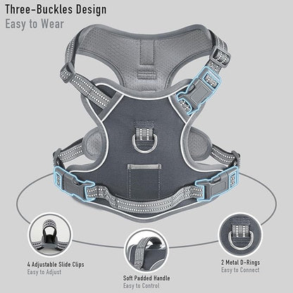 Adjustable No-Pull Reflective Soft Inescapable Dog Vest Harness for Big Dog Breeds, Siberian Husky Labrador Golden Retriever, Breathable Oxford Material, Front Leash Clip Control, L