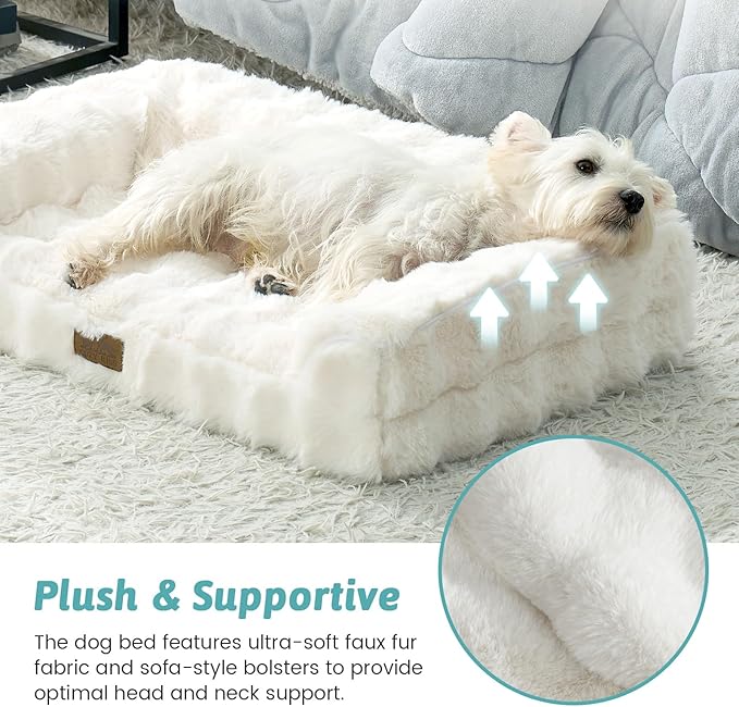 COZY KISS Faux Rabbit Fur Orthopedic Dog Bed, Dog Bed for Large Size, Supportive Foam Pet Sofa with Waterproof Lining Cover, Washable U-Shaped Pet Couch with Anti-Slip Bottom, Beige L 36x27x6.5 inch