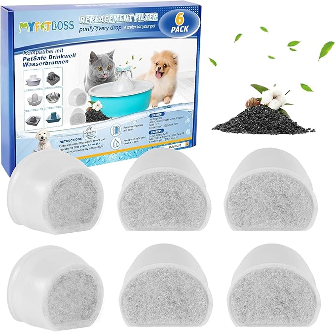 MyfatBOSS Replacement Carbon Filters for Drinkwell, Cat Water Fountain Filter, Dog Pet Fountain Filters Compatible with Petsafe Water Fountains Seaside Creekside Pagoda Seascape Butterfly Avalon 6PCS