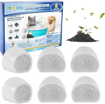 MyfatBOSS Replacement Carbon Filters for Drinkwell, Cat Water Fountain Filter, Dog Pet Fountain Filters Compatible with Petsafe Water Fountains Seaside Creekside Pagoda Seascape Butterfly Avalon 6PCS