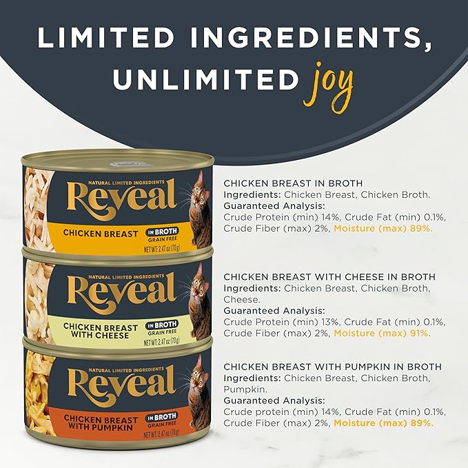 Reveal Natural Wet Canned Cat Food, 3-Flavor Variety Pack, Limited Ingredient, Grain Free, High Protein with No Artificial Additives, Chicken Variety in Broth, (12x 2.47 oz Cans)