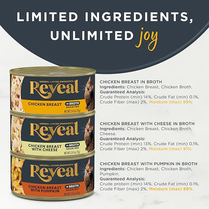 Reveal Natural Wet Canned Cat Food, 3-Flavor Variety Pack, Limited Ingredient, Grain Free, High Protein with No Artificial Additives, Chicken Variety in Broth, (12x 2.47 oz Cans)