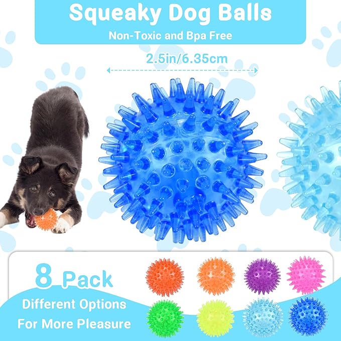 Ousiya 2.5" Squeaky Dog Toy Balls for Small & Medium Dogs – Durable Rubber Chew Toys for Teething Puppies, Spiky Teeth Cleaning Ball with 8 Colors