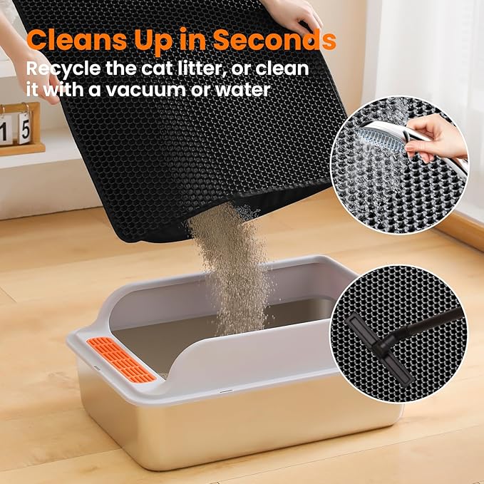 Petinstinct Small Cat Litter Mat, 20x14’’ Double Layer Honeycomb Cat Litter Box Mat, Non Slip Waterproof Urine Proof Litter Trapping Mat for Floor, Kitty Litter Pad, Indoor Pet Supplies, Black