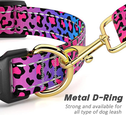 Reflective Dog Collar for Extra Small Dogs Cats, Cute Leopard Style Adjustable Heavy-Duty Nylon Puppy Collar for Boy and Girl Female, Soft Pet Accessories with Quick Release Buckle, Neon