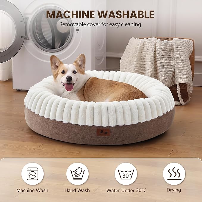 Warmrest Donut Dog Bed Medium Size Dog 30 Inch, Round Cat Beds for Small Medium Dogs and Cats with Washable Fluffy Faux Fur, Cute Comfort Pet Bed with Anti-Slip Bottom, Cream