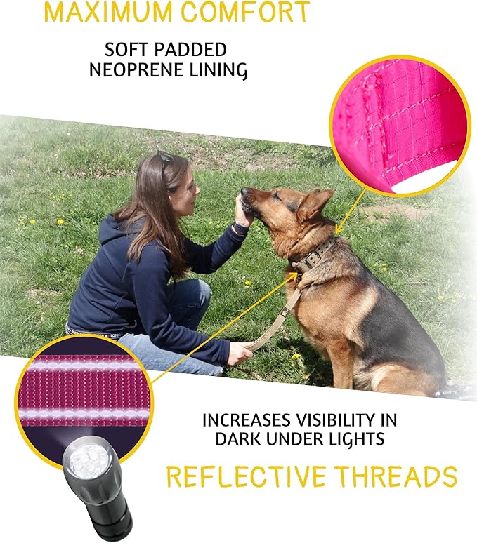 ADITYNA Heavy Duty Reflective Pink Dog Collar with Handle - Wide, Neoprene Padded for Large Female Dogs - Tactical, Durable, Comfortable for Walking, Training, Hiking