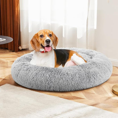 DUMOS 30.7x30.7 Inch Calming Donut Dog Beds for Large Dogs, Machine Washable Cuddler Warming Cozy Fluffy Faux Fur Plush Round Pet Bed Medium Sized Bed for Indoor Dogs and Cats, Grey