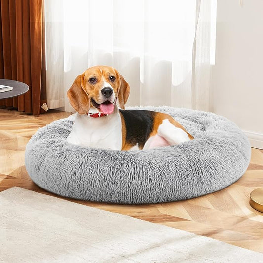 DUMOS 30.7x30.7 Inch Calming Donut Dog Beds for Large Dogs, Machine Washable Cuddler Warming Cozy Fluffy Faux Fur Plush Round Pet Bed Medium Sized Bed for Indoor Dogs and Cats, Grey