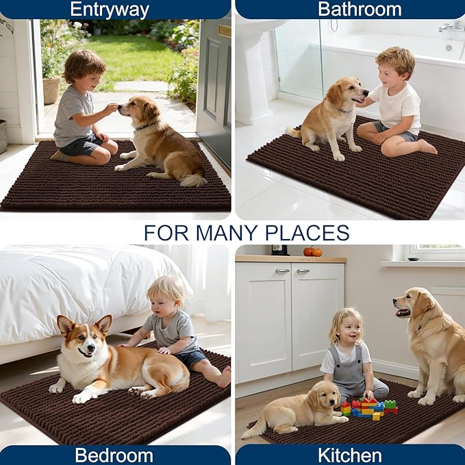 OLANLY Dog Door Mat for Muddy Paws 30x20, Ultra Absorbent Chenille Mud Doormat, Non-Slip Washable and Dirt Trapping Doormat for Indoor Entryway, Quick-Dry Indoor Pet Bed Mats for Dogs, Brown