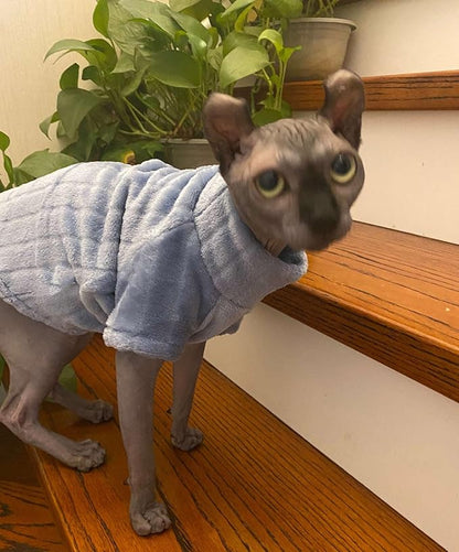 Turtleneck Sweater for Sphynx Cat Soft Coral Fleece Cat Clothes Thick Winter Warm Outfit Coat for Hairless Cats and Small Dogs Apparel with Sleeves (Blue, M (5-7 lbs))