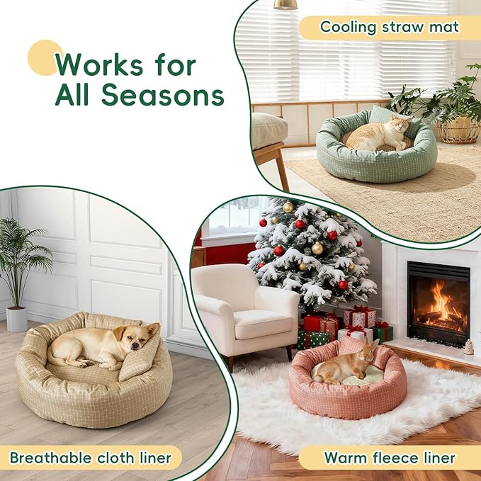 Colewin Small Cat Bed for Indoor Cats Dogs, Washable Round Donut Pet Bed for Puppies Kittens, Cute Rabbit Bunny Beds with Reversible Winter & Summer Cushion for Pets Up to 8lbs (Yellow)