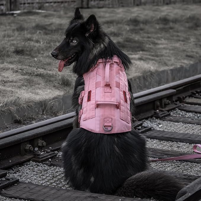 OneTigris Large Tactical Dog Harness, No Pulling Adjustable Dog Vest Harness, Heavy Duty Dog Harness with Handle, Large Hook and Loop Panels for Patch(Pink,XL