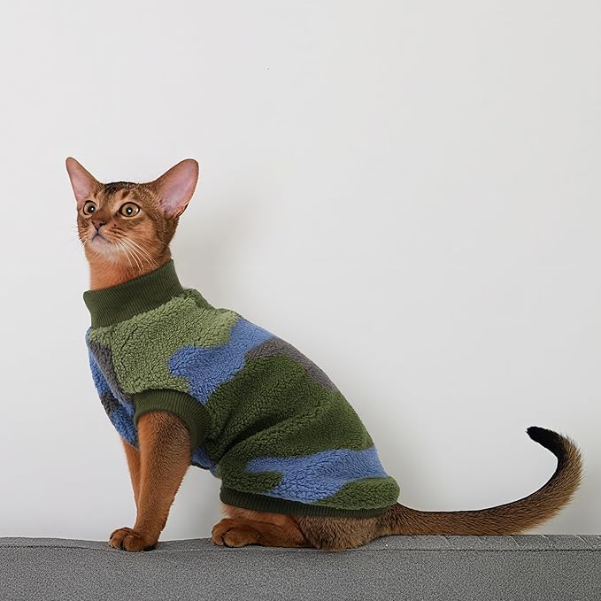 PUMYPOREITY Winter Warm Cat Sweater - Super Soft & Elastic Knit with Plush Fleece, Easy-On Design with Ribbed Neck & Cuffs, Stretchy Cat Outfit for Indoor/Outdoor Use,Green, S